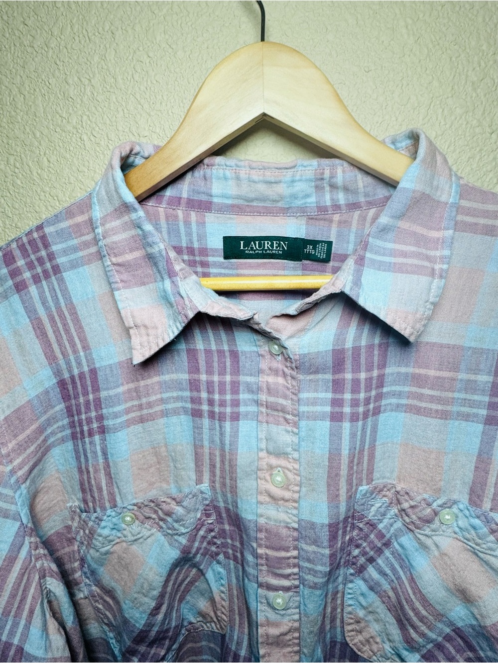 Lauren Ralph Lauren 3X Pink Blue Plaid Linen Button Down Shirt Plus Size